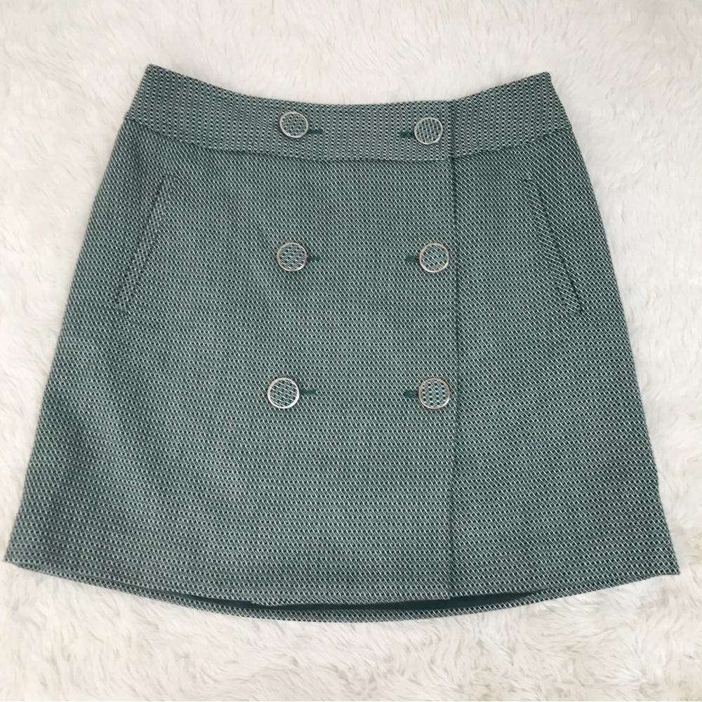 LOFT Ann Taylor Green Tweed Button Front Mini Skirt Size 6 Short Double Breasted